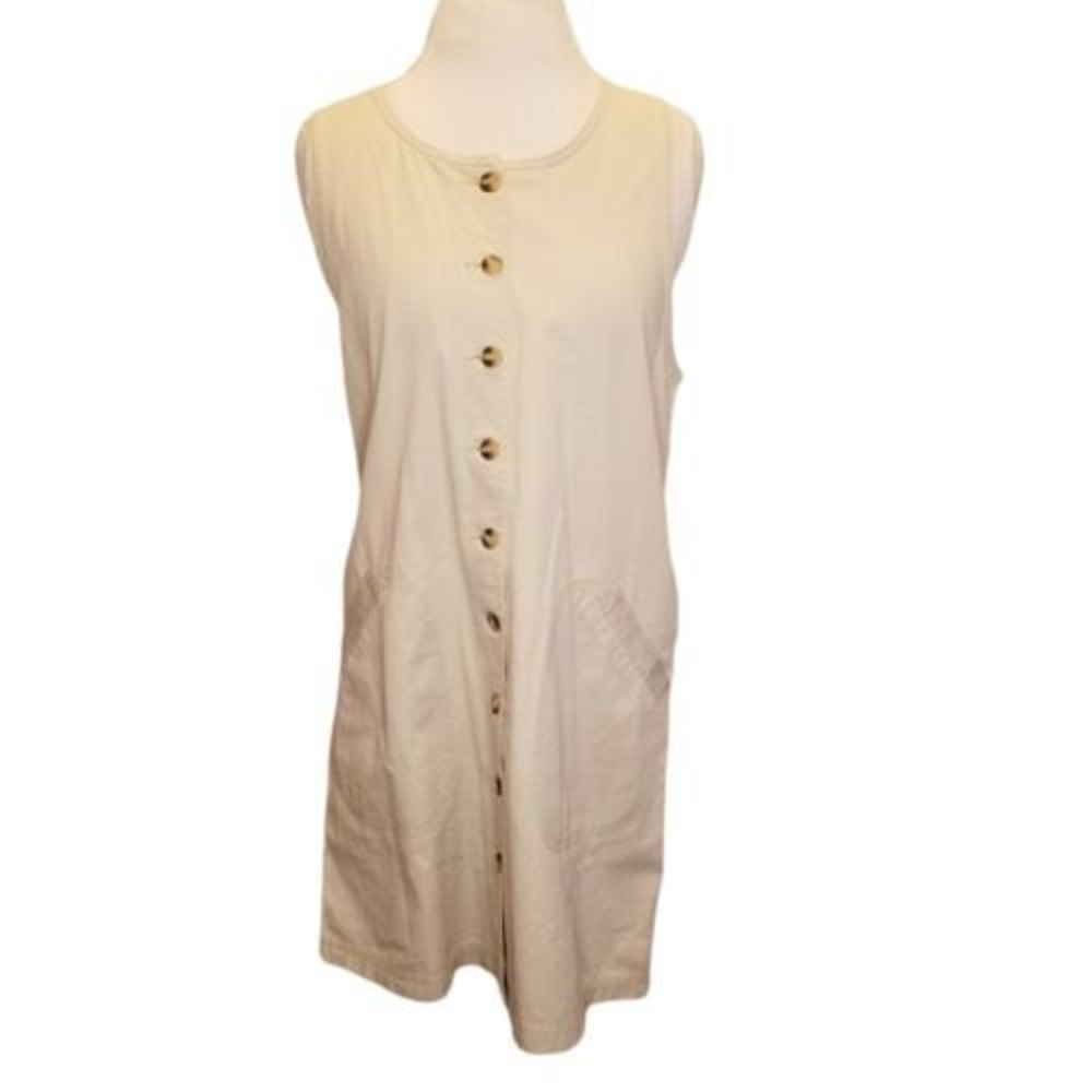 Vintage 90s Khaki Pinafore Dress Button Front Classic Knee Length Pockets‎ Sz M